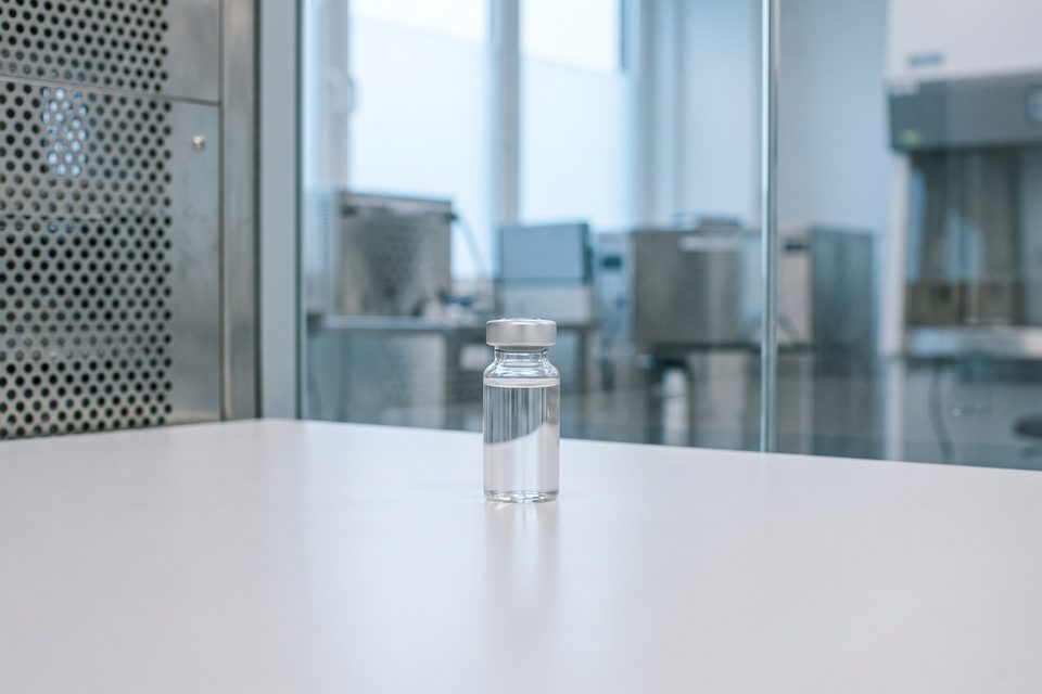 Ein einzelnes verschlossenes Glasfläschchen mit klarer Lösung auf einer weißen Laborfläche, dahinter Edelstahlgeräte hinter einer Glaswand.